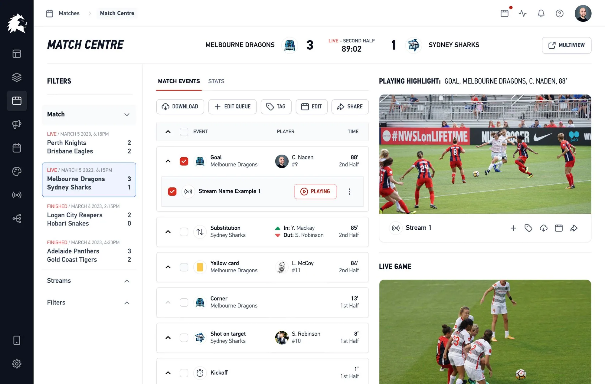LIGR Match Centre — live match data, events, and multiview streams