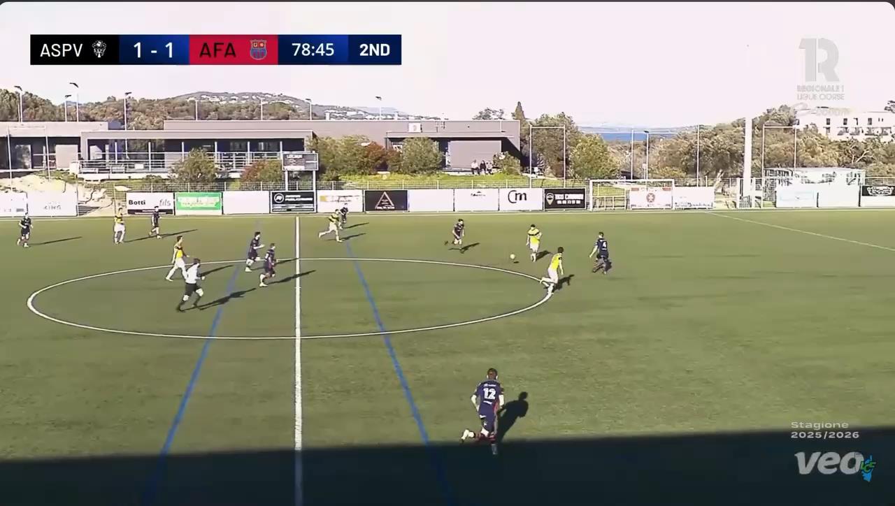 Corsican football match with LIGR scoreboard and commercial sponsor overlay graphics